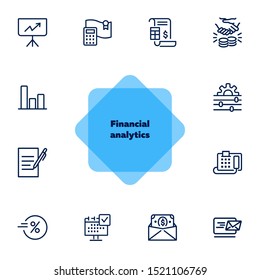 Financial analytics line icon set. Presentation, calculator, invoice. Business concept. Can be used for topics like loan, banking, dealing