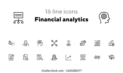 Conjunto de iconos de línea de análisis financiero. Idea, bitcoin, gráfico, informe. Concepto de negocio. Se puede utilizar para temas como finanzas, inicio, planificación