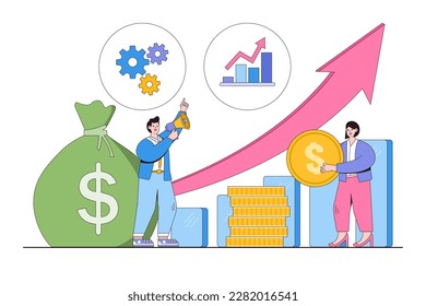 Análisis financiero, hacer dinero concepto en línea. Estrategia empresarial, trabajo en equipo de personas, asociación. Estilo de diseño de esquema de ilustración vectorial mínima para página de inicio, banner web, imágenes de héroe.
