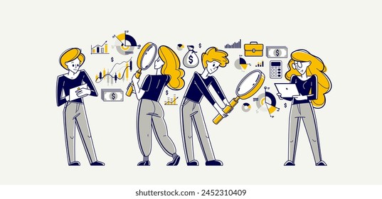 Analítica financiera haciendo indagaciones sobre el equilibrio presupuestario en la empresa de negocios, ilustración de esquema de Vector, crecimiento de la estrategia de negocios, trabajo en equipo.