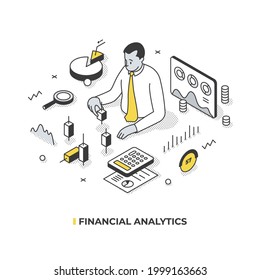 Financial analytics. Man analyzes financial data to improve business performance. Audit and technical analysis concept. Abstract isometric illustration