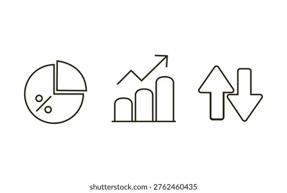 Financial analytics and market trends. Pie charts, bar graphs with upward-moving arrows, and vertical up and down arrows. Flat illustrator vector file. High quality image