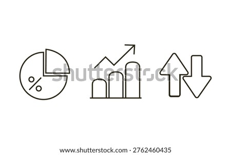 Financial analytics and market trends. Pie charts, bar graphs with upward-moving arrows, and vertical up and down arrows. Flat illustrator vector file. High quality image