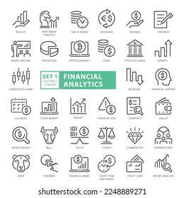 Conjunto de iconos de esquema de Financial Analytics. Razo vectorial completamente editable. Adecuado para presentaciones de negocios, publicaciones corporativas, sitios web, aplicaciones móviles y más