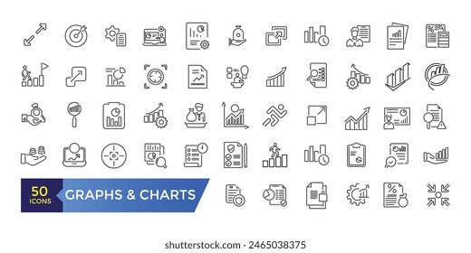 Iconos de línea de Vector relacionados con gráficos y gráficos de Financial Analytics. Paquete de iconos de estilo de arte de línea simple. UI editable y trazo de Web.