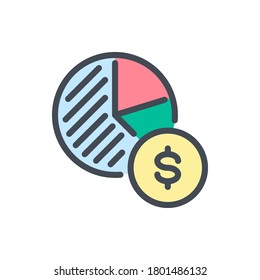 Financial Analytics and Statistics color line icon. Pie Chart with Dollar Coin vector outline colorful sign.