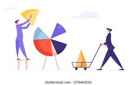 Financial Analytics, Statistics Concept. Business People Put Huge Pieces of Pie Chart Together. Man Pushing Cart with Graph Part. Corporate Analysing Cooperation. Cartoon Flat Vector Illustration
