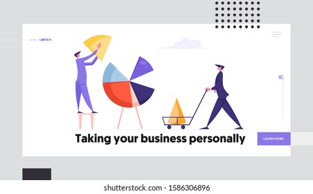 Financial Analytics, Statistics Website Landing Page. Business People Put Huge Pieces of Pie Chart Together. Man Pushing Cart with Data Graph Part Web Page Banner. Cartoon Flat Vector Illustration