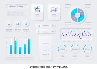 Financial analytics, time management and planning gui templates. User interface elements. Unique neumorphic design set. Manage, navigation, search form and components.