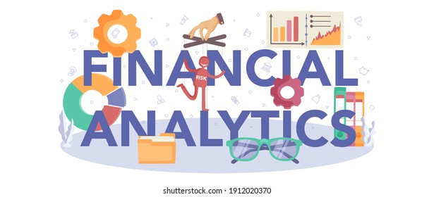 Encabezado tipográfico de análisis financiero. Revisión financiera de carácter comercial. Optimización de la gestión financiera, análisis de riesgos y mejores inversiones. Ilustración vectorial plana