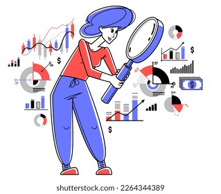 Analítica financiera ilustración de contorno vectorial, analítica con lupa haciendo indagaciones sobre finanzas, revisión de flujo de caja por parte de financiadores, balance presupuestario.