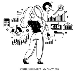 Financial analytics vector outline illustration, analytic with magnifying glass making inquiry about finances, financier reviewing cash-flow, budget balance.