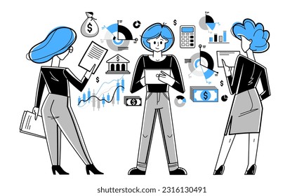 Financial analytics vector outline illustration, analytic team with magnifying glasses making inquiry about finances, financiers reviewing cash-flow, budget balance.