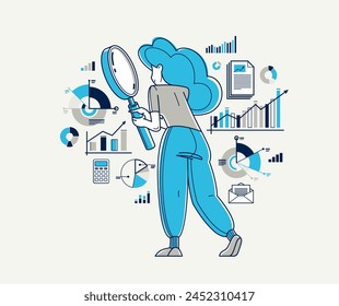 Financial analytics vector outline illustration, analytic with magnifying glass making inquiry about finances, financier reviewing cash-flow, budget balance.