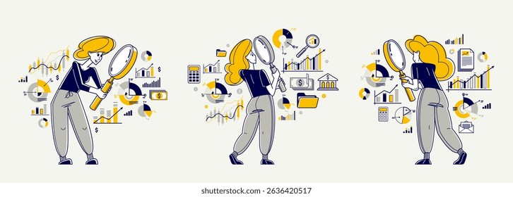 Financial analytics vector outline illustration set, analytic with magnifying glass making inquiry about finances, financier reviewing cash-flow, budget balance.