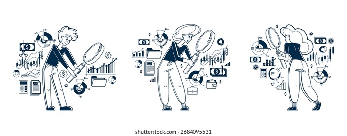 Conjunto de ilustración de esquema de Vector de análisis financiero, analítico con lupa haciendo preguntas sobre finanzas, financiero revisando flujo de efectivo, saldo presupuestario.