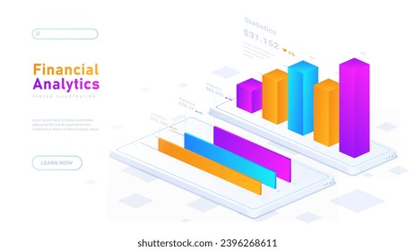 Financial analytics white poster. Graphs and diagrams. Trading and investing. Budgeting and accounting. Landing page design. Cartoon isometric vector illustration isolated on white background