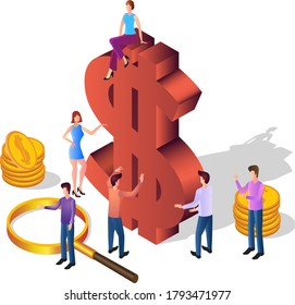 Financial analytics.People against the dollar.The concept of assessing the financial level of businesses and financial organizations.Isometric vector illustration.