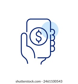 Financial app, e-commerce and online banking. Hand holding smartphone with dollar coins symbol. Pixel perfect icon