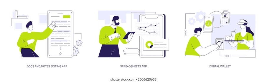 Financial apps abstract concept vector illustration set. Docs and notes editing app, using spreadsheets application, financial document, digital wallet, e-wallet payment system abstract metaphor.