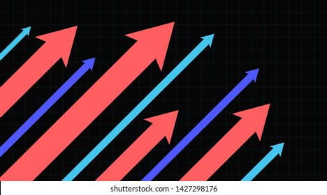 Financial arrow graphs on a dark background. Stock market up arrows going high.