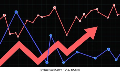 Financial arrow graphs on a dark background. Stock market up arrow