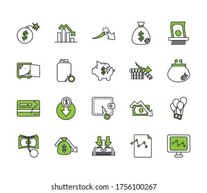 financial arrows and financial broke icon set over white background, half line half color style, vector illustration