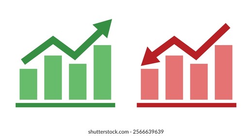 Financial arrows depicting up and down trends with green and red colors. Ideal for data analysis, stock market visuals, business growth reports, and economic forecasting projects.