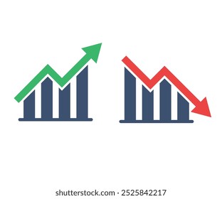Setas financeiras para cima e para baixo. Gráfico de investimento de negócios para cima e para baixo símbolo no fundo branco. tendência do mercado de ações aumentar e diminuir. vetor ilustração design plano. ilustração de ações