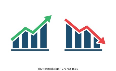 Flechas financieras arriba y abajo. Crecimiento financiero y declive. Gráfico con flechas verdes y rojas. Diagrama de finanzas, conjunto de iconos de gráficos