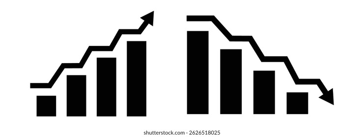 Setas financeiras para cima e para baixo. ícone de gráfico de barras de tendência para cima ou para baixo.  Ilustrador de vetor