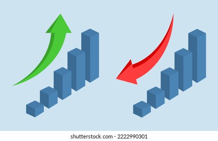 Financial arrows up and down. Vector 3d graph with green and red arrows. Chart with increase, decrease. Vector 10 EPS.