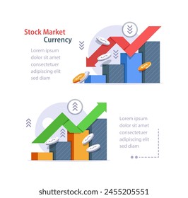 Financial arrows up and down. Vector graph with green and red arrows. Chart with increase, decrease