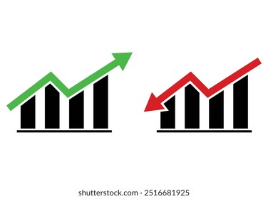 Setas financeiras para cima e para baixo. Gráfico vetorial com setas verdes e vermelhas. Gráfico com aumento, diminuição. Vetor 10 EPS.