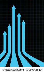 Financial arrows going up. Blue arrows, growth economy success. Black background.