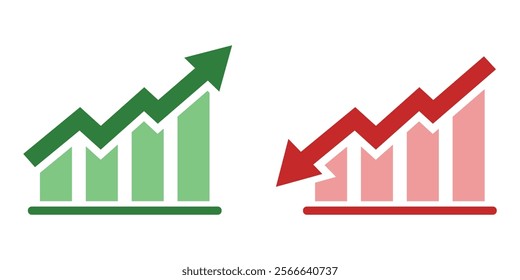 Financial arrows icon set featuring up and down trends in green and red. Perfect for financial reports, stock market analysis, business presentations, and economic themed projects.