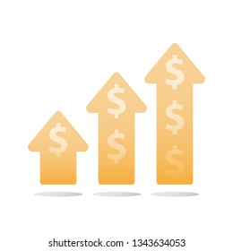 Financial ascending chart, revenue increase, income growth, business acceleration, earn more money, return on investment, multiply capital, vector icon, flat illustration