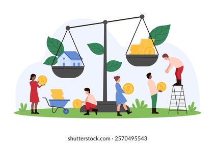 Financial assessment of real estate value, price measurement of residential property. Tiny people weigh house on balance scale, add stacks of coins from budget to buy cartoon vector illustration