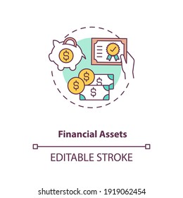 Financial assets concept icon. Intangible assets type idea thin line illustration. Cash, stocks, bonds. Mutual funds and bank deposits. Vector isolated outline RGB color drawing. Editable stroke