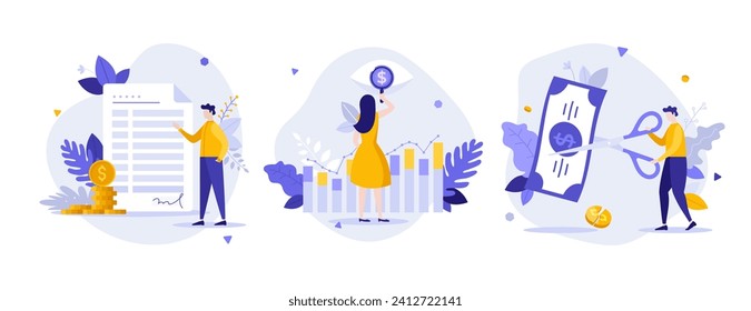 Financial assets control flat concept vector illustrations set. Analysing business budget expenses cartoon composition. Prevent money loss creative idea for website, mobile, presentation