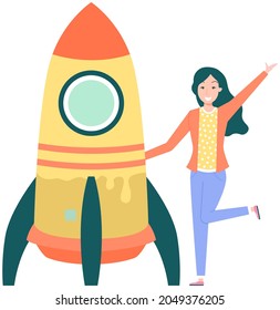 Financial assets and rocket with ready to be launched. Launching new startup, creating project. Woman standing near spaceship, rocket as symbol of startup. Creative idea, business project concept
