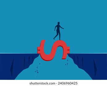 Financial assistance. Businessman crossing cliff gap with money bridge 