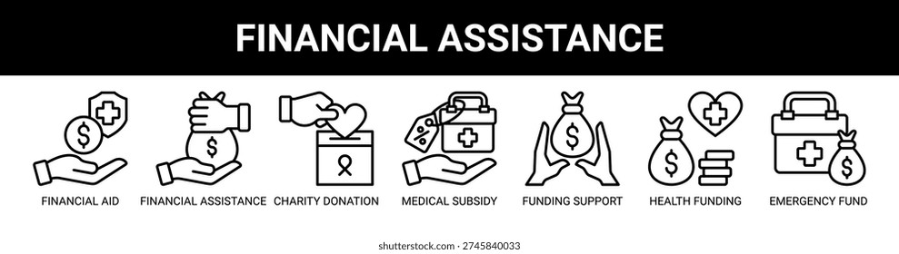 Financial Assistance web banner icon vector illustration concept with icons of financial aid, financial assistance, charity donation, medical subsidy, funding support, health funding, and emergency fund.