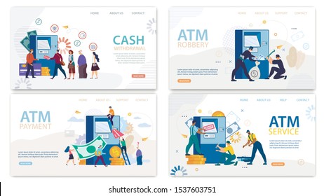 Financial ATM Services. Finance Operations via Cash Pointer. Automatic Teller Machine Maintenance and Diagnostics Technical Support. Landing Page. People and Modern Technology Set. Vector Illustration