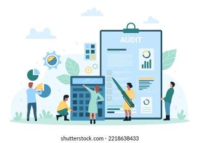 Financial audit, accounting, budget analysis and management vector illustration. Cartoon tiny people calculate and research income in report documents, accountants work with calculator and data charts