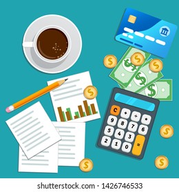 Financial audit, accounting concept. Business planning. Tax report, market data analysis, marketing research. Table with credit card, calculator, cash coins, paper chart, pencil and cup coffee