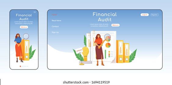 Financial audit adaptive landing page flat color vector template. Business analytics mobile and PC homepage layout. Accounting one page website UI. Bookkeeping webpage cross platform design