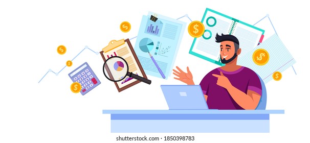 Financial audit analysis vector illustration with young man consultant, laptop, charts, magnifier, calculator. Tax report business concept with documents, coins. Financial audit cartoon background