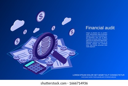 Auditoria financiera, análisis, control, estadísticas e ilustración de concepto isométrica plana de vectores