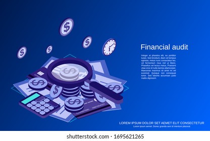 Financial audit, analytics, control, statistics flat isometric vector concept illustration